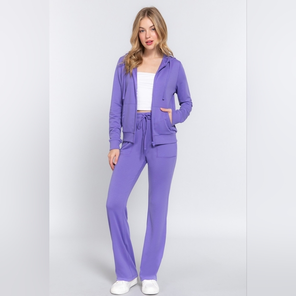 ACTIVE BASIC French Terry Zip-Up Hoodie and Drawstring Pants 2 Piece Set - Picture 1 of 3